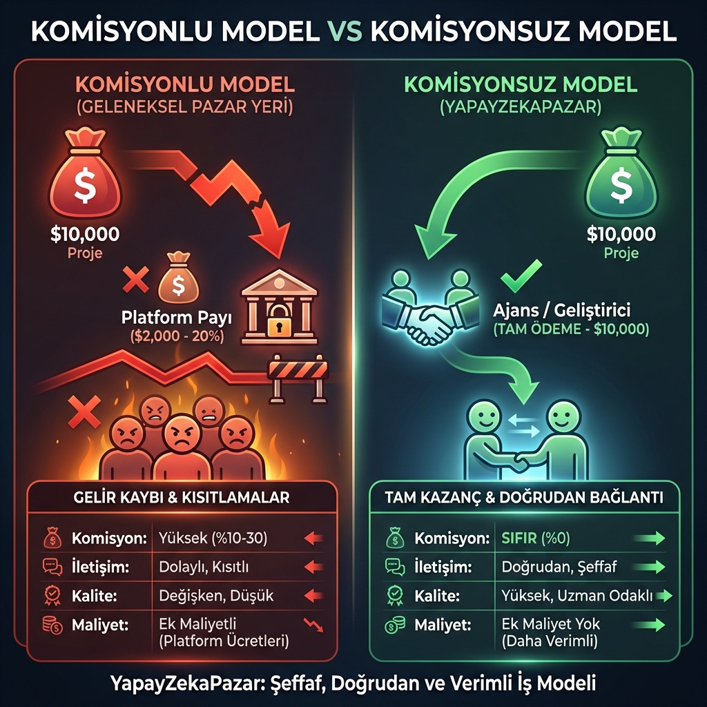 Komisyonlu Model vs Komisyonsuz Model - AI Ajans Pazar Yeri Karşılaştırması